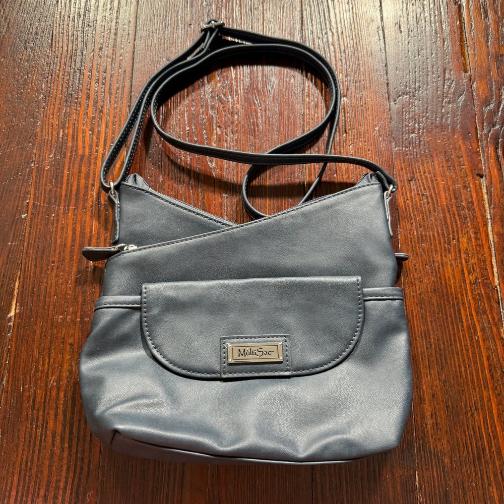 MultiSac Crossbody‎ Bag Womens Small Navy Blue Vegan Leather Multi Pocket Zippy